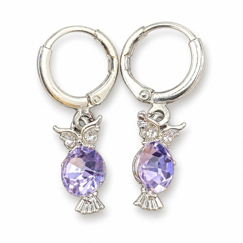 Purple Faceted Crystal Owl Dangle Hoop Earrings Silver Tone Animal Jewelry